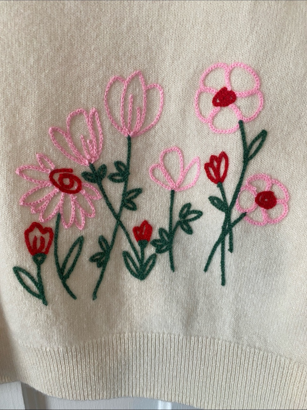 Cynthia Rowley Cream Cashmere Sweater with Pink & Green Floral Embroidery - Picture 8 of 9